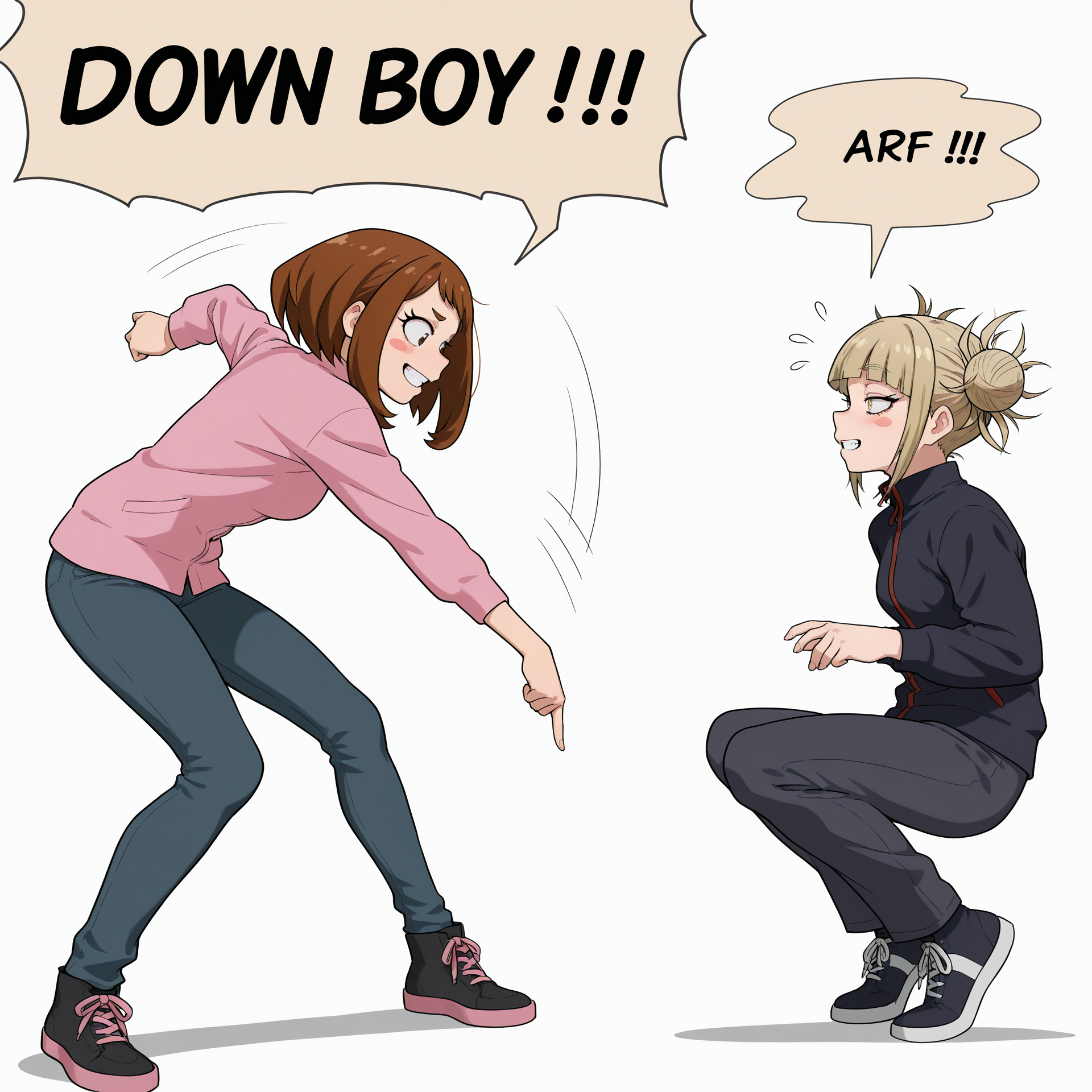 highres, hi res, best quality, masterpiece, 2d, intricate details, 4k, anime coloring, uncensored, shaded, shadow, countershading,
2girls, eyelashes, nose, blush, blush stickers, brown eyes, brown hair, short hair, uraraka ochako,
2girls, eyelashes, nose, bangs, blonde hair, blunt bangs, double bun, eyebrows visible through hair, grin, half-closed eyes, messy hair, yellow eyes, toga himiko,
depth of field, white background, <lora:Down_Boy_ILXL:1>, aggressively pointing downward, commanding stance, dominant expression, crouching, surprised expression, english text, text, small speech bubble, duo, meme, down boy \(meme\), speech bubble, english text, parody, flying sweatdrops,