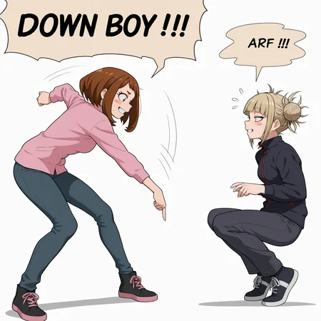 highres, hi res, best quality, masterpiece, 2d, intricate details, 4k, anime coloring, uncensored, shaded, shadow, countershading,
2girls, eyelashes, nose, blush, blush stickers, brown eyes, brown hair, short hair, uraraka ochako,
2girls, eyelashes, nose, bangs, blonde hair, blunt bangs, double bun, eyebrows visible through hair, grin, half-closed eyes, messy hair, yellow eyes, toga himiko,
depth of field, white background, <lora:Down_Boy_ILXL:1>, aggressively pointing downward, commanding stance, dominant expression, crouching, surprised expression, english text, text, small speech bubble, duo, meme, down boy \(meme\), speech bubble, english text, parody, flying sweatdrops,