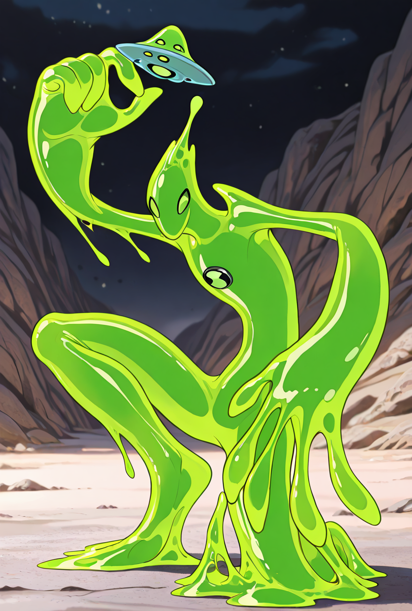 <lora:goop-09:1> goop, solo, no humans, male focus, green skin, pokemon (creature), slime (substance), translucent character, transparent skin, floating small ufo on head, dynamic pose, stretchy limbs, green slime, massive hands,, masterpiece, best quality, amazing quality, very aesthetic, absurdres, newest,
