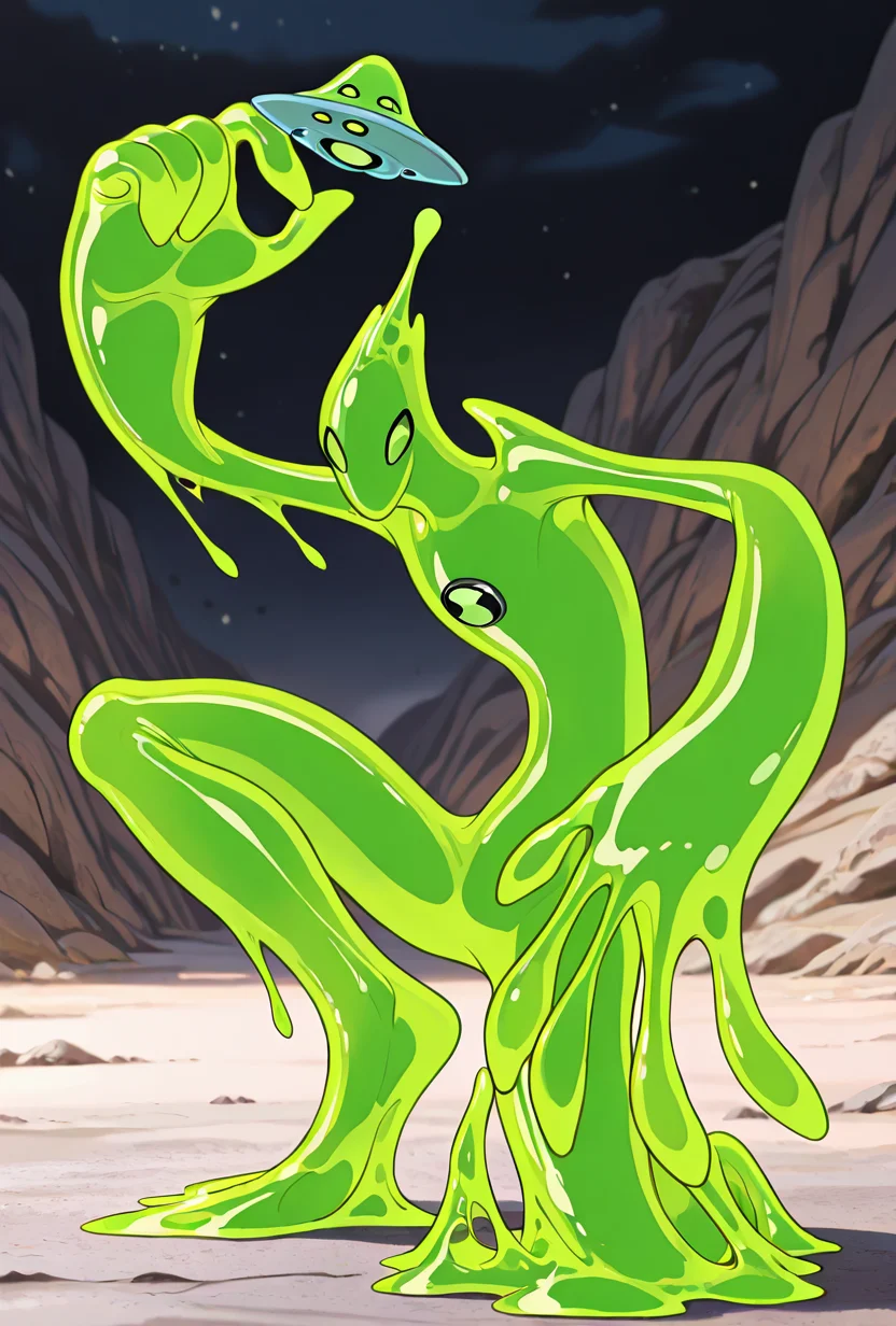 <lora:goop-09:1> goop, solo, no humans, male focus, green skin, pokemon (creature), slime (substance), translucent character, transparent skin, floating small ufo on head, dynamic pose, stretchy limbs, green slime, massive hands,, masterpiece, best quality, amazing quality, very aesthetic, absurdres, newest,