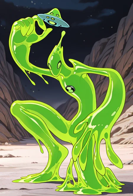 <lora:goop-09:1> goop, solo, no humans, male focus, green skin, pokemon (creature), slime (substance), translucent character, transparent skin, floating small ufo on head, dynamic pose, stretchy limbs, green slime, massive hands,, masterpiece, best quality, amazing quality, very aesthetic, absurdres, newest,