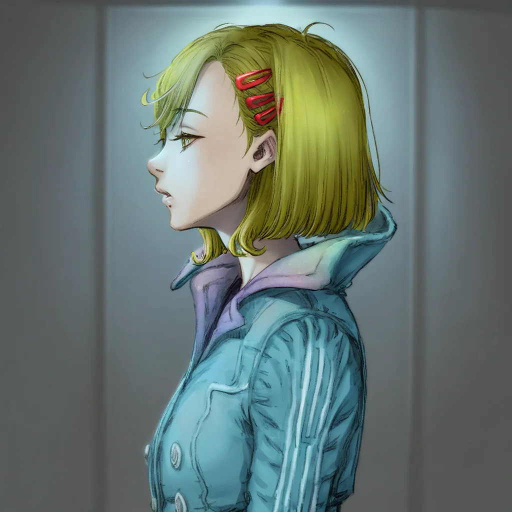 best quality, masterpiece, cinematic light, netsu, blonde hair, short hair, hair ornament, night, low light