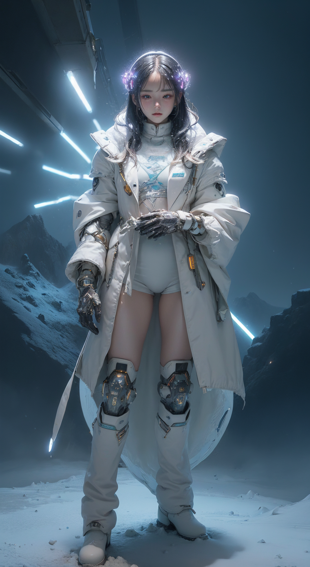 (masterpiece,top quality,best quality,official art,beautiful and aesthetic:1.2), ,,snow ,cry,, elegant, highly detailed, , sharp focus,,,cyberpunk,,fried ballads,,(luminescence:1.3),<lora:nijiarmor:.6> cybersuit,(snow mountain:1.3)