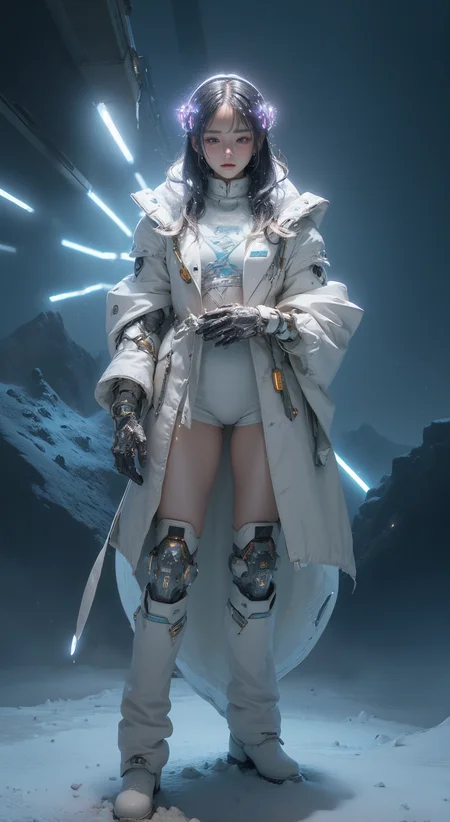 (masterpiece,top quality,best quality,official art,beautiful and aesthetic:1.2), ,,snow ,cry,, elegant, highly detailed, , sharp focus,,,cyberpunk,,fried ballads,,(luminescence:1.3),<lora:nijiarmor:.6> cybersuit,(snow mountain:1.3)