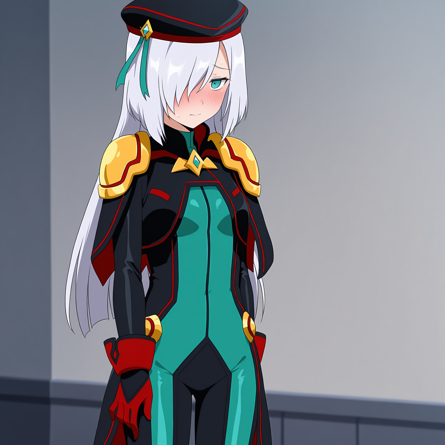 masterpiece, best quality, amazing quality, anime screencap, 1girl, solo, standing, cowboy shot, shy, <lora:SthesiaAwarSesto:0.9>, SthesiaAwarSesto, grey hair, long hair, sidelocks, hair over one eye, aqua eyes, small breasts, beret, black jacket, green bodysuit, golden shoulder pads, black gloves, red fingers,