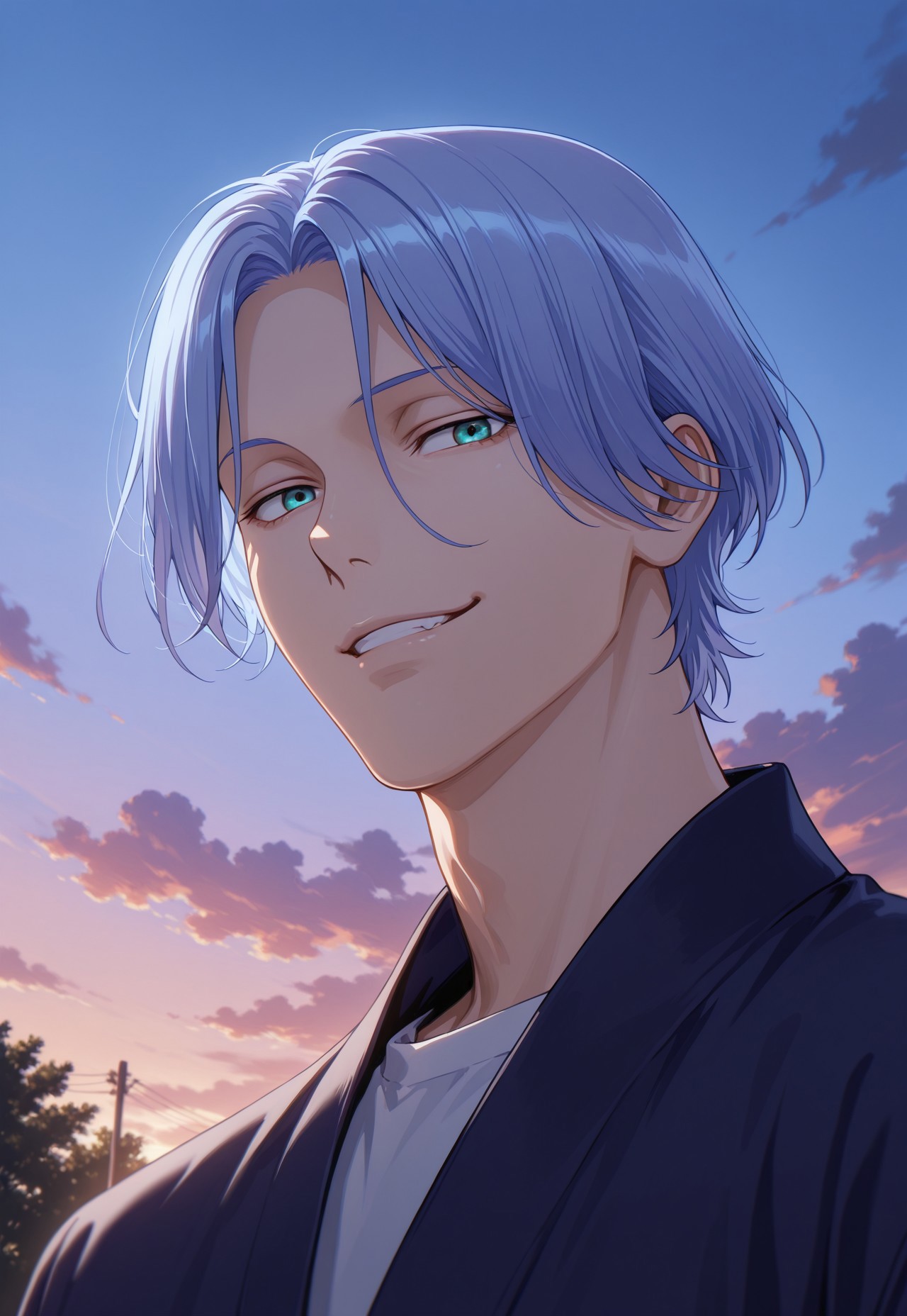 detailed details, shaded, detailed shading, detailed skin, shaded skin, realistic shading, countershading:1.1, outdoors, evening, 1boy, solo, Hasegawa Langa, aqua eyes, blue hair, smirk, low angle view 