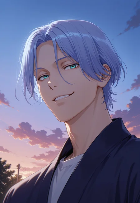 detailed details, shaded, detailed shading, detailed skin, shaded skin, realistic shading, countershading:1.1, outdoors, evening, 1boy, solo, Hasegawa Langa, aqua eyes, blue hair, smirk, low angle view