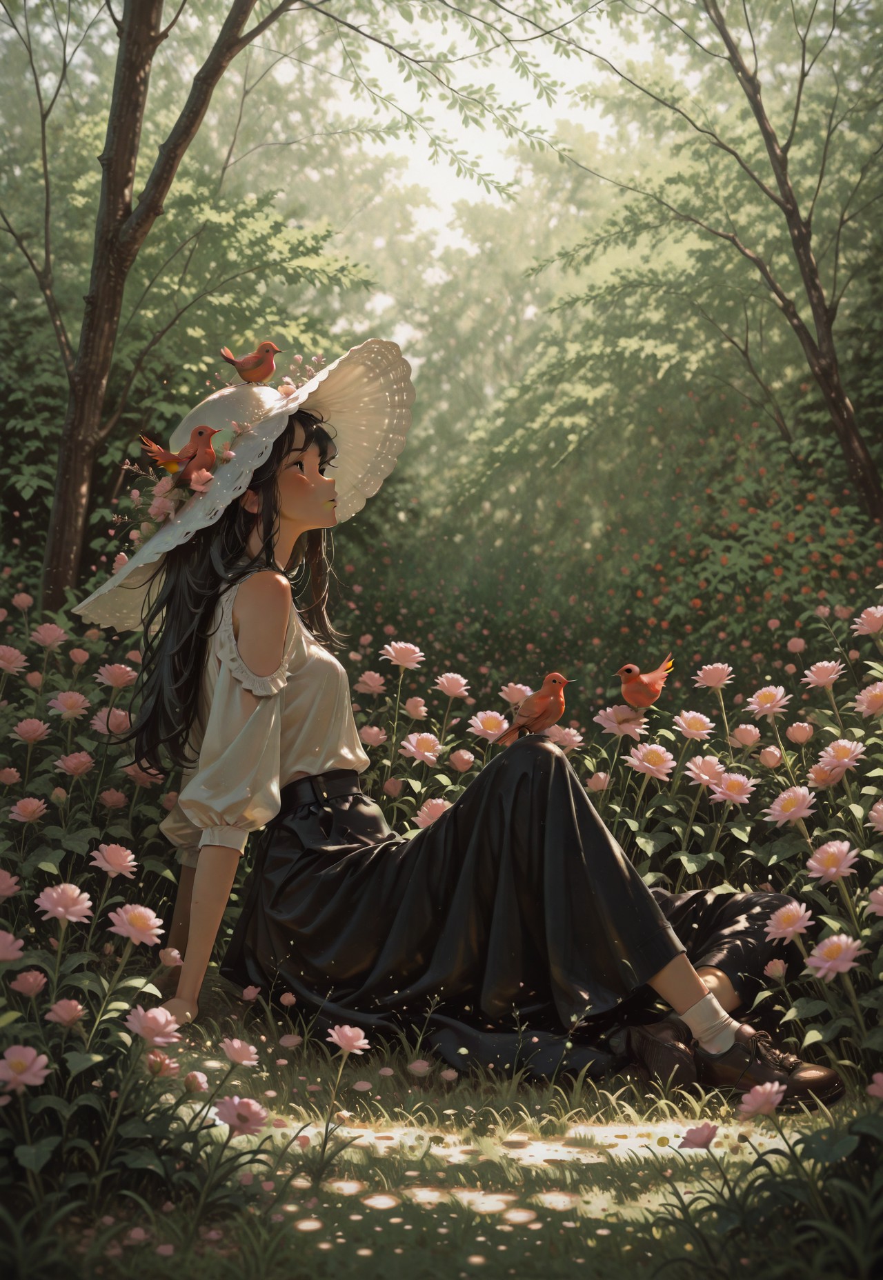 masterpiece, very awa, amazing quality, best quality, newest, highres, absurdres, 1girl, solo, black hair, long hair, large hat, white hat, white blouse, puffy sleeves, shoulder cutout, black skirt, shirt tucked in, socks, shoes, sitting, from side, reclining, looking up, arm support, knees up, wide shot, outdoors, grass, garden, flowers, pink flower, carnation, multicolored flower, red bird on hat, dappled sunlight, (oil painting \(medium\), painterly:1.1)