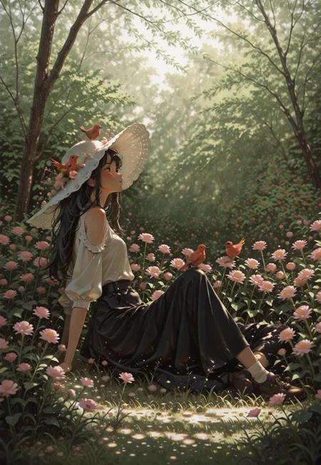 masterpiece, very awa, amazing quality, best quality, newest, highres, absurdres, 1girl, solo, black hair, long hair, large hat, white hat, white blouse, puffy sleeves, shoulder cutout, black skirt, shirt tucked in, socks, shoes, sitting, from side, reclining, looking up, arm support, knees up, wide shot, outdoors, grass, garden, flowers, pink flower, carnation, multicolored flower, red bird on hat, dappled sunlight, (oil painting \(medium\), painterly:1.1)