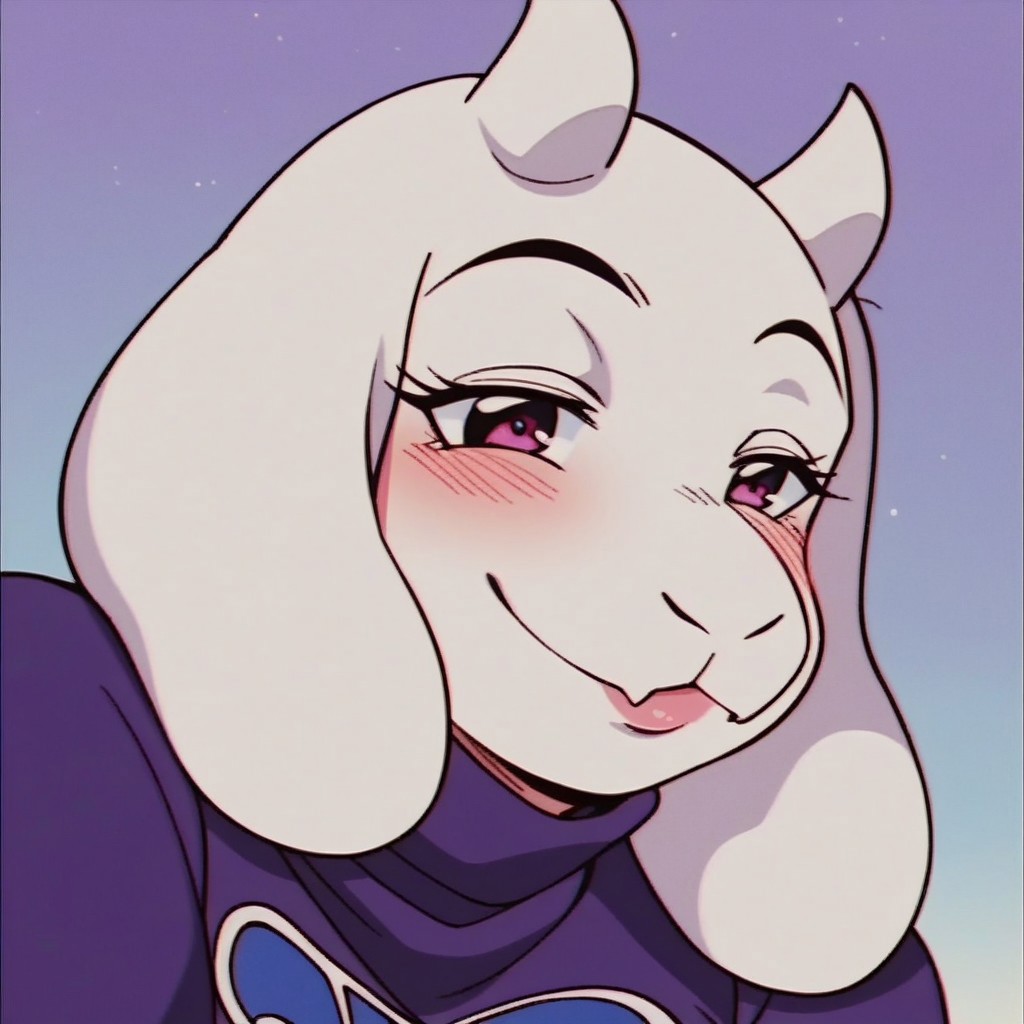 score_9, score_8_up, score_7_up, score_6_up, cute, beautiful face, beautiful eyes, Toriel, purple eyes,  chubby, blushing, purple robes, goat snout, retro anime style, anime screencap, smiling