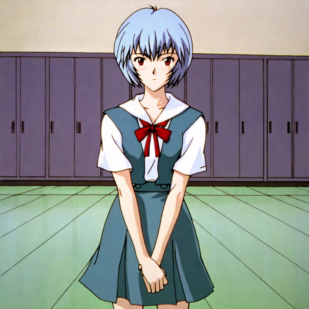 <lora:reinge_pony_v1:.8> ReiNGE, 1girl, ayanami rei, blue hair, tokyo-3 middle school uniform, red eyes, short hair, ribbon, short sleeves,  skirt, cowboy shot