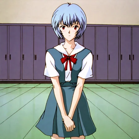 <lora:reinge_pony_v1:.8> ReiNGE, 1girl, ayanami rei, blue hair, tokyo-3 middle school uniform, red eyes, short hair, ribbon, short sleeves,  skirt, cowboy shot