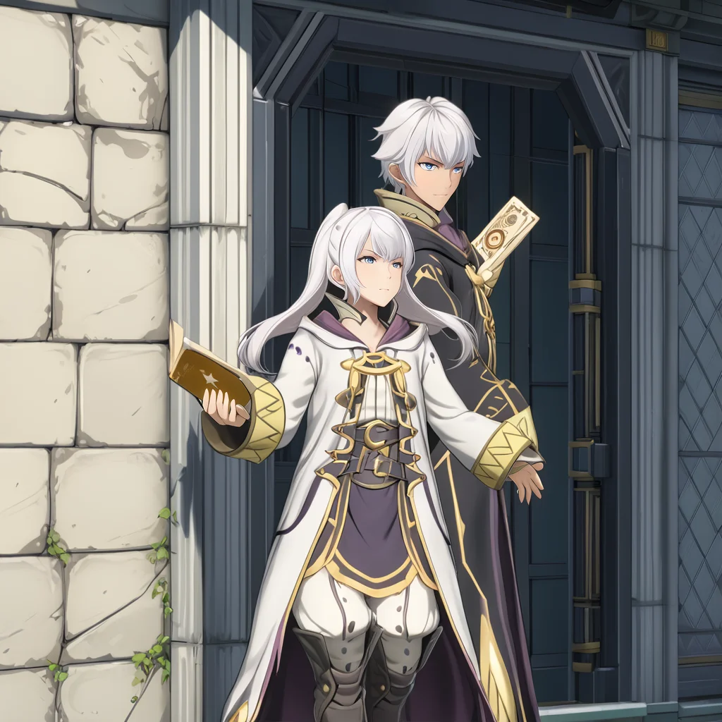 RobinFEXL, 1boy 1girl, white hair, wizard, , (anime, masterpiece, intricate:1.3), (best quality, hires textures, high detail:1.2), (4k),(incredibly detailed:1.4),UHD, 8K, ultra detailed <lora:RobinFEXL:.9>