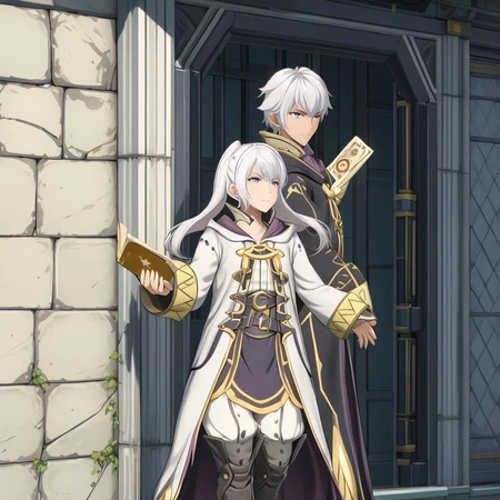 RobinFEXL, 1boy 1girl, white hair, wizard, , (anime, masterpiece, intricate:1.3), (best quality, hires textures, high detail:1.2), (4k),(incredibly detailed:1.4),UHD, 8K, ultra detailed <lora:RobinFEXL:.9>
