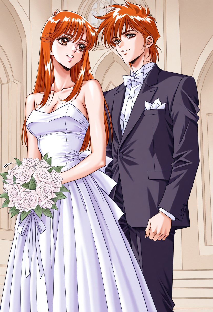 masterpiece, best quality, newest, highres, uncensored, 1girl, yokota mamoru style,motion lines,1girl,Miyabi Arisa,long Hair, Orange hair, Straight hair, long legs,amber eyes,1girl,  wedding, dress, wedding dress formal, suit, bride, retro artstyle, good end, church, 1990s (style), flowers