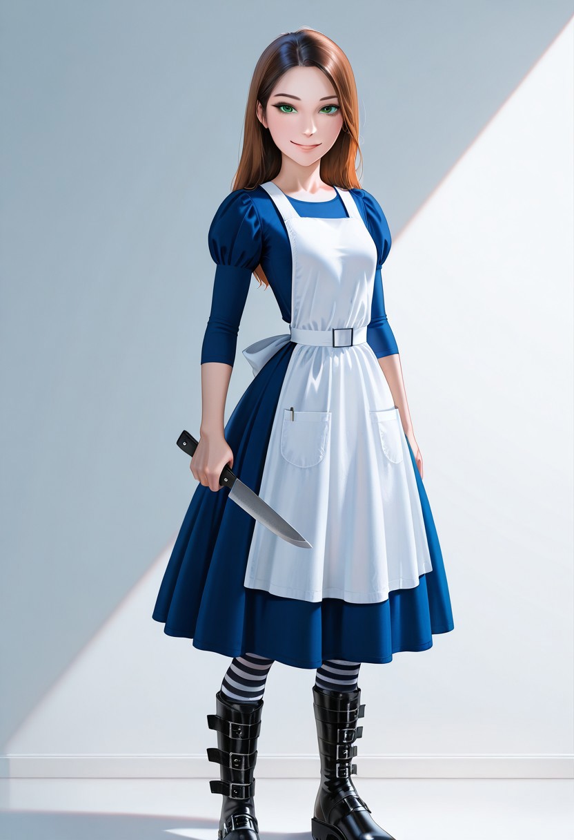 best quality, ultra detailed, high resolution, incredibly absurdres, extremely aesthetic, high resolution, realistic, masterpiece, Al1ceL1ddell, 1girl, solo, small breasts, petite, dress, apron, long hair, brown hair, green eyes, striped socks, belt boots, holding a knife up, looking at viewer, smile, simple background, realistic light and shadows, volumetric lighting, global illumination, subsurface scattering and reflections, refraction,