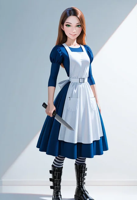 best quality, ultra detailed, high resolution, incredibly absurdres, extremely aesthetic, high resolution, realistic, masterpiece, Al1ceL1ddell, 1girl, solo, small breasts, petite, dress, apron, long hair, brown hair, green eyes, striped socks, belt boots, holding a knife up, looking at viewer, smile, simple background, realistic light and shadows, volumetric lighting, global illumination, subsurface scattering and reflections, refraction,