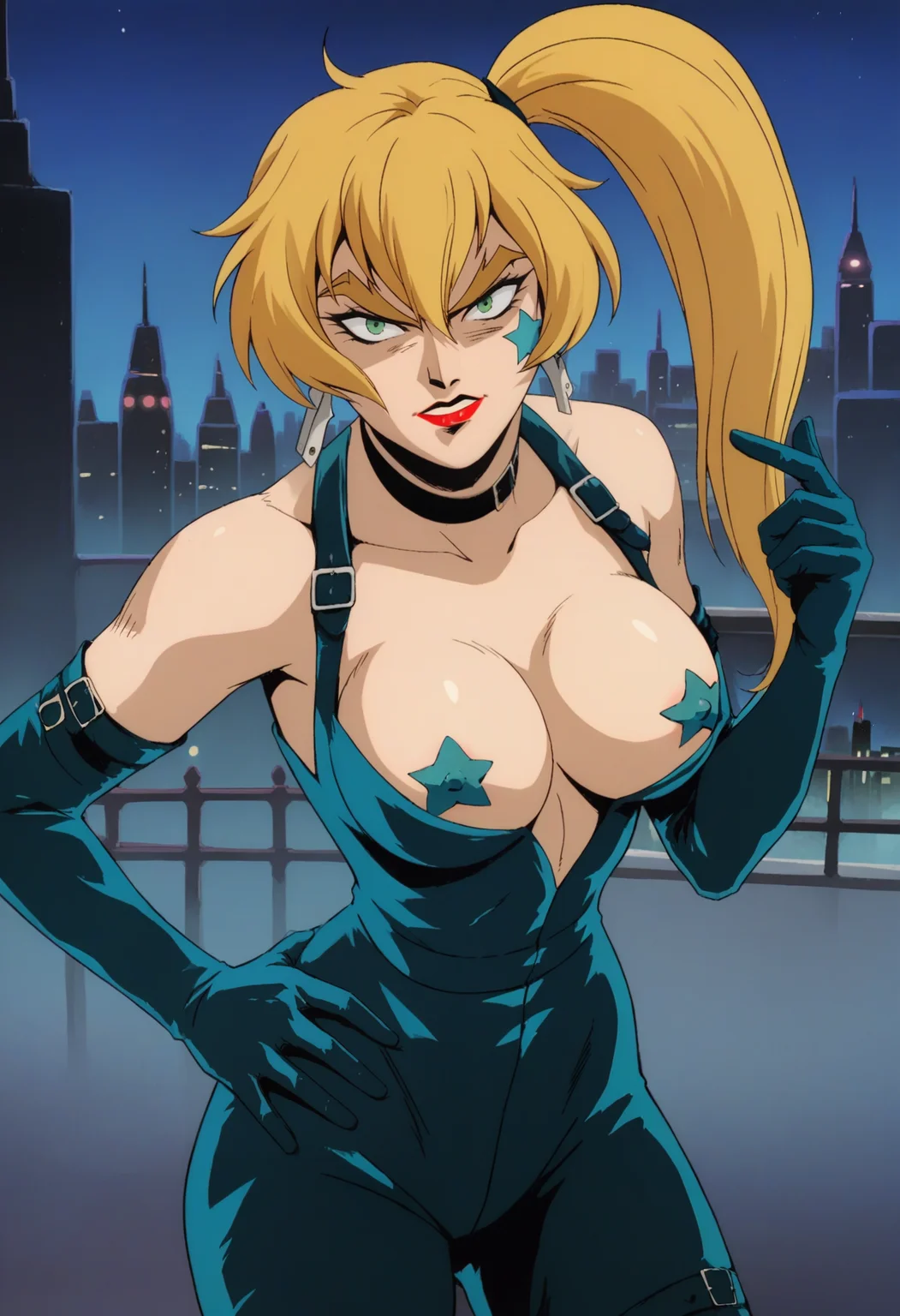 score_9, score_8_up, score_7_up, score_6_up, <lora:SCHDeathStar_epoch_5:0.8>, SCHDeathStar, blonde hair, long hair, thick eyebrows, side ponytail, hair between eyes, green eyes, facial mark, earrings, lipstick, large breasts,
choker, bodysuit, elbow gloves, cleavage, star pasties, covered nipples, high heels,
standing, looking at viewer, hand on own hip, upper body, 
BREAK night sky, dark background, cityscape, city lights,