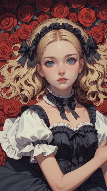 score_9, score_8_up, score_7_up, BREAK, 1 women, 22 years old beauty, face focus, gothic dress, ribbons, ruffles, blonde, curls, emotional, eye view, lying, roses, from above, Detailed, intimate, clear, personal, highly contrasted, excellent composition, advanced cinematic perfect light, highly color focused, dynamic