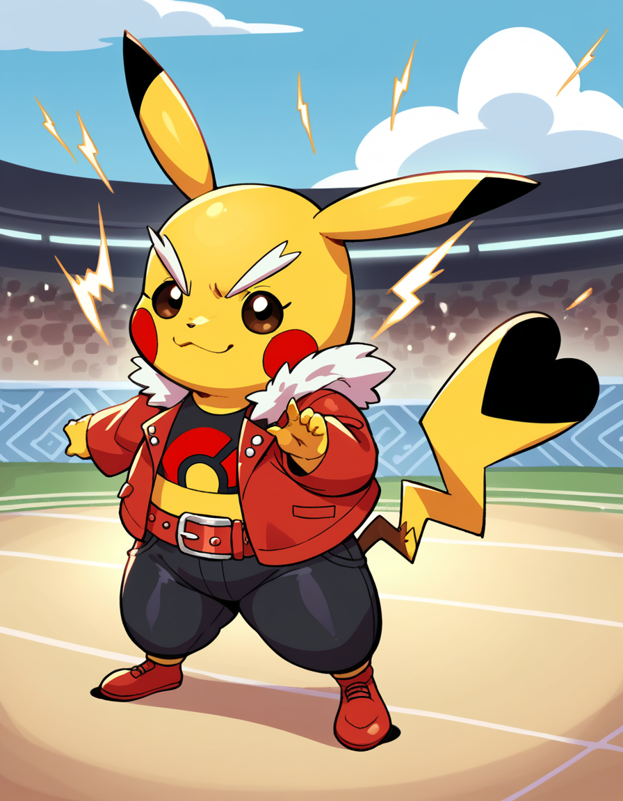 zPDXL, score_9, score_8_up, score_7_up, score_6_up, score_5_up, 4k, absurdres, looking at viewer, <lora:Perfect Hands:0.8> Perfect Hands,
<lora:CosplayPikachu v2:0.8> cosplay pikachu, pokemon \(creature\), pikachu ears, pikachu tail, feral, shortstack, flat chest,
rockchu, thick eyebrows, red eyebrows, v-shaped eyebrows, red jacket, fur-trimmed jacket, red belt, black pants, red footwear, print shirt, lightning bolt print, thick eyebrows,
(an open-air stage, with a natural backdrop, a large audience, and a festive atmosphere), indoors,