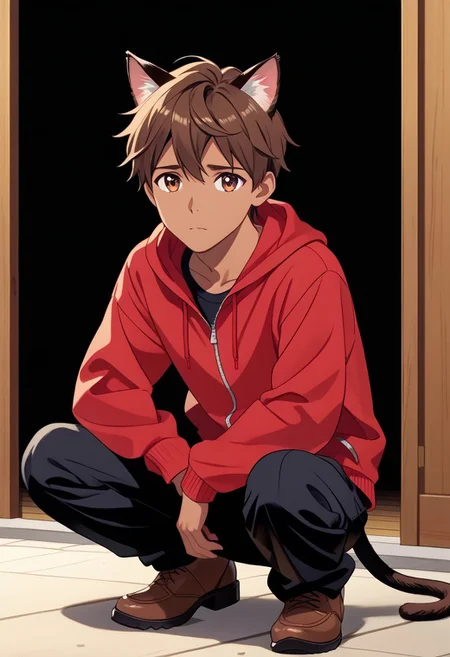 Anime style, anime art style, cartoon art style, ((masterpiece)), ((best quality)), ((ultra-detailed)), score_9_up, score_8_up, score_7_up, HD, top quality, best quality, High-quality illustrations, anime screencap, masterpiece, best quality, amazing quality, BREAK man male guy, curly dark brown hair, short hair, hazel brown eyes, big eyes, defined chin, chiseled face, dark brown cat ears, dark brown cat tail, tan skin tone, full body, detailed eyes, high definition eyes, red hoodie jacket, black pants, crouching, sad, pleading eyes, BREAK (Cartoony),