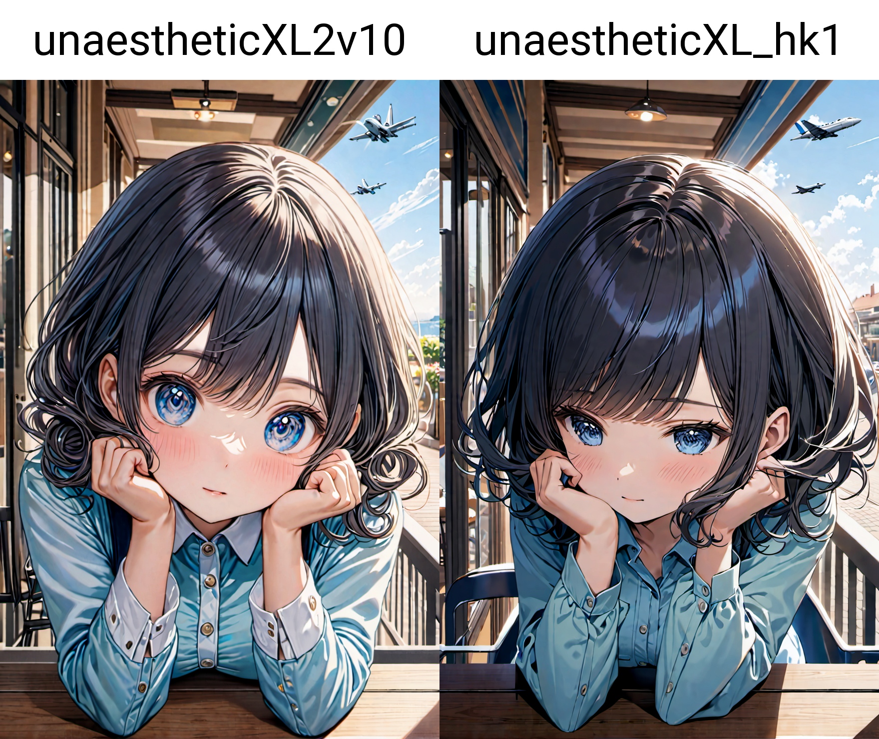 1girl, solo,  blue, jet, very short, lightly curled inwards hair, hair, cafe terrace,, masterpiece, best quality