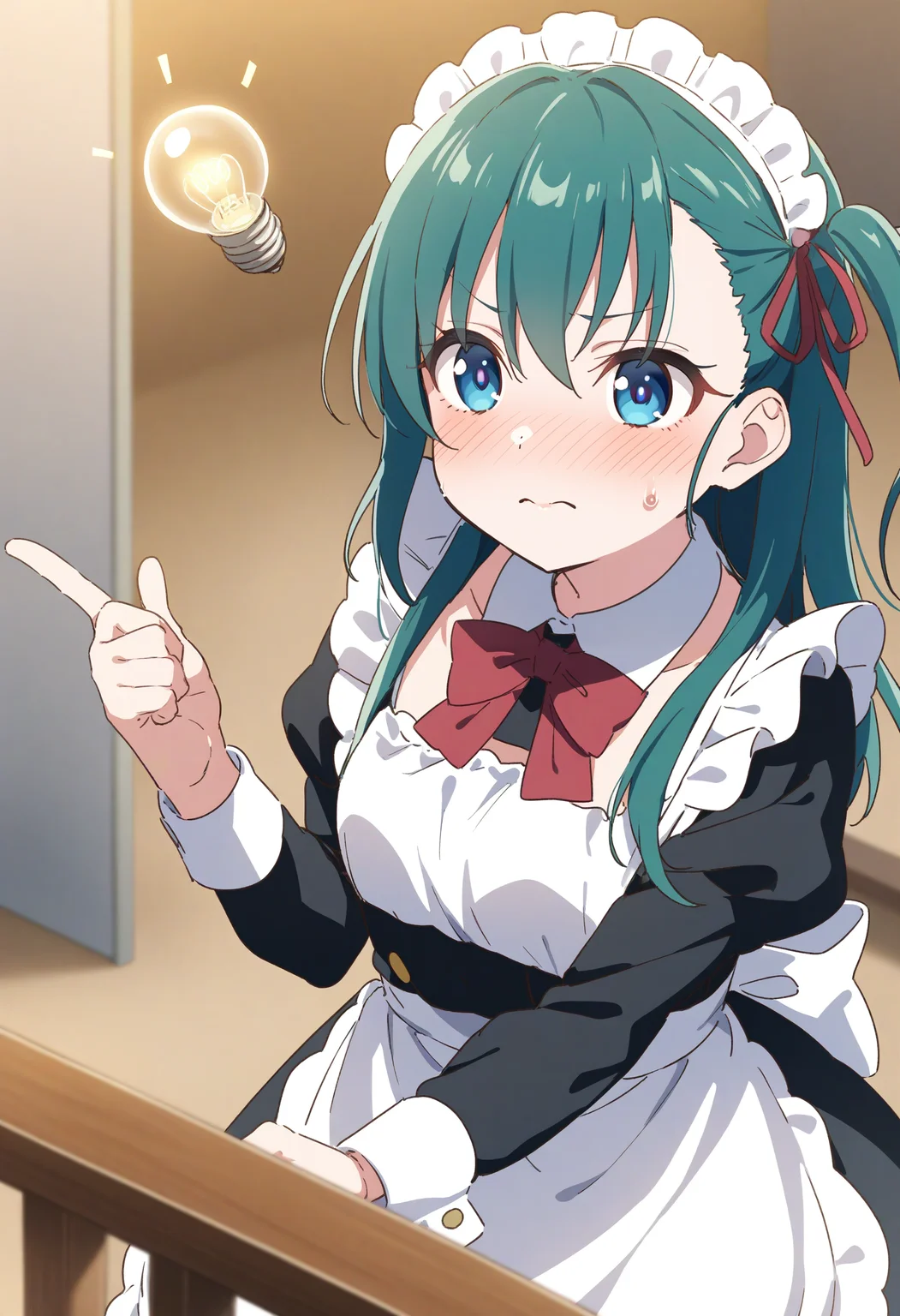 1girl,sincos, ningen mame, toosaka asagi,solo,medium breasts,20yo,maid,maid headdress,
Idea Light Bulb,<lora:Idealightbulb_XL_v1:0.8>
aqua hair, blue eyes,full face blush, balcony, closed mouth, one side up hair,,
best quality, very aesthetic, absurdres