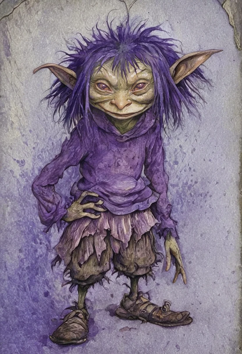 A highly detailed watercolor painting of a fantasy creature, resembling a goblin with exaggerated features such as large eyes and a scruffy appearance. The creature has a mischievous expression and wild, purple-tinted hair. It is wearing tattered clothes and is set against a textured, mystical background. The overall style should be reminiscent of a sketchbook illustration with a whimsical, slightly eerie atmosphere. <lora:Froud-000006:1>, <lora:Perfect Hands:0.8>