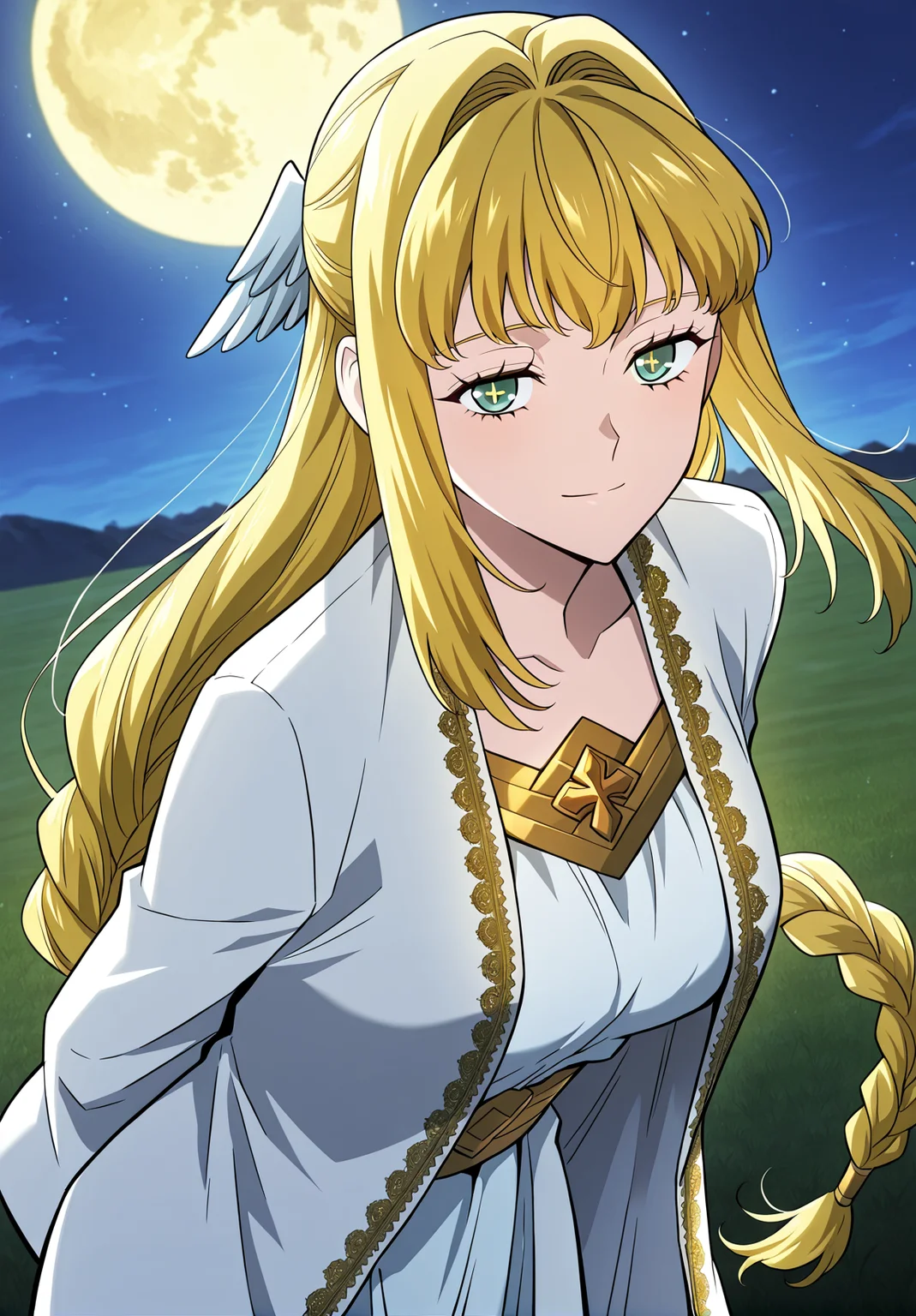 <lora:Dolores_Quovadis__Revenge_of_the_Iron-Blooded_Sword_Hound__Illustrious:1>
1 girl, solo, long hair straight hair, blonde hair, thick braid, long braid, straight fringe, wing hair ornament, green eyes,
Dolores_Quovadis_ceremonial, white ceremonial dress, long robe, gold embroidery, golden trim, wide sleeves, high waist sash,
score_9, score_8_up, score_7_up, very aesthetic, source_anime, detailed, high quality, beautiful, masterpiece, detailed eyes, field, blurry background, pose dynamic angle, upper body, cowboy shot, light smile, floating hair, half-closed eyes, hands behind back, leaning forward, looking forward, looking at viewer, night, yellow moon,