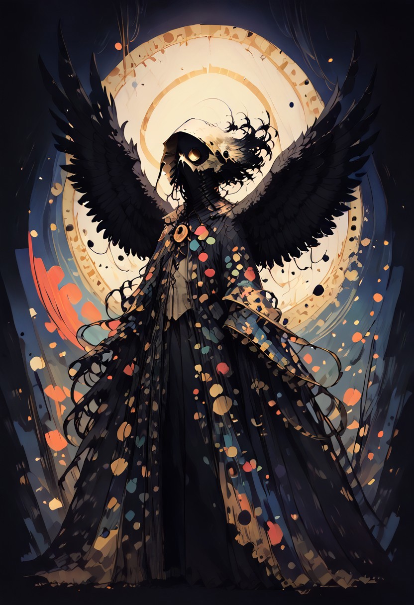 score_9, score_8_up, score_7_up, BREAK, 
1boy, solo, Highly detailed, d4rkpurp, plague doctor, mask, w1ngs, angel wings, black wings, floating black feathers, backlit by the moon, face focus, (reaching out), atmospheric, dark, ddpapa, concept paint, abstract art,