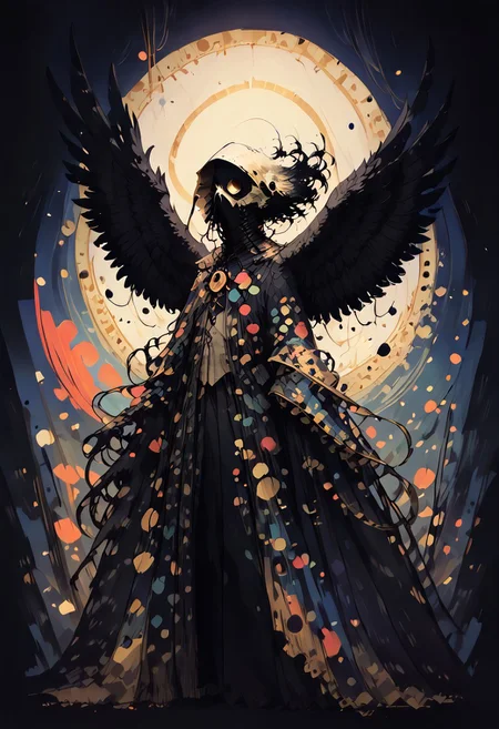 score_9, score_8_up, score_7_up, BREAK, 
1boy, solo, Highly detailed, d4rkpurp, plague doctor, mask, w1ngs, angel wings, black wings, floating black feathers, backlit by the moon, face focus, (reaching out), atmospheric, dark, ddpapa, concept paint, abstract art,