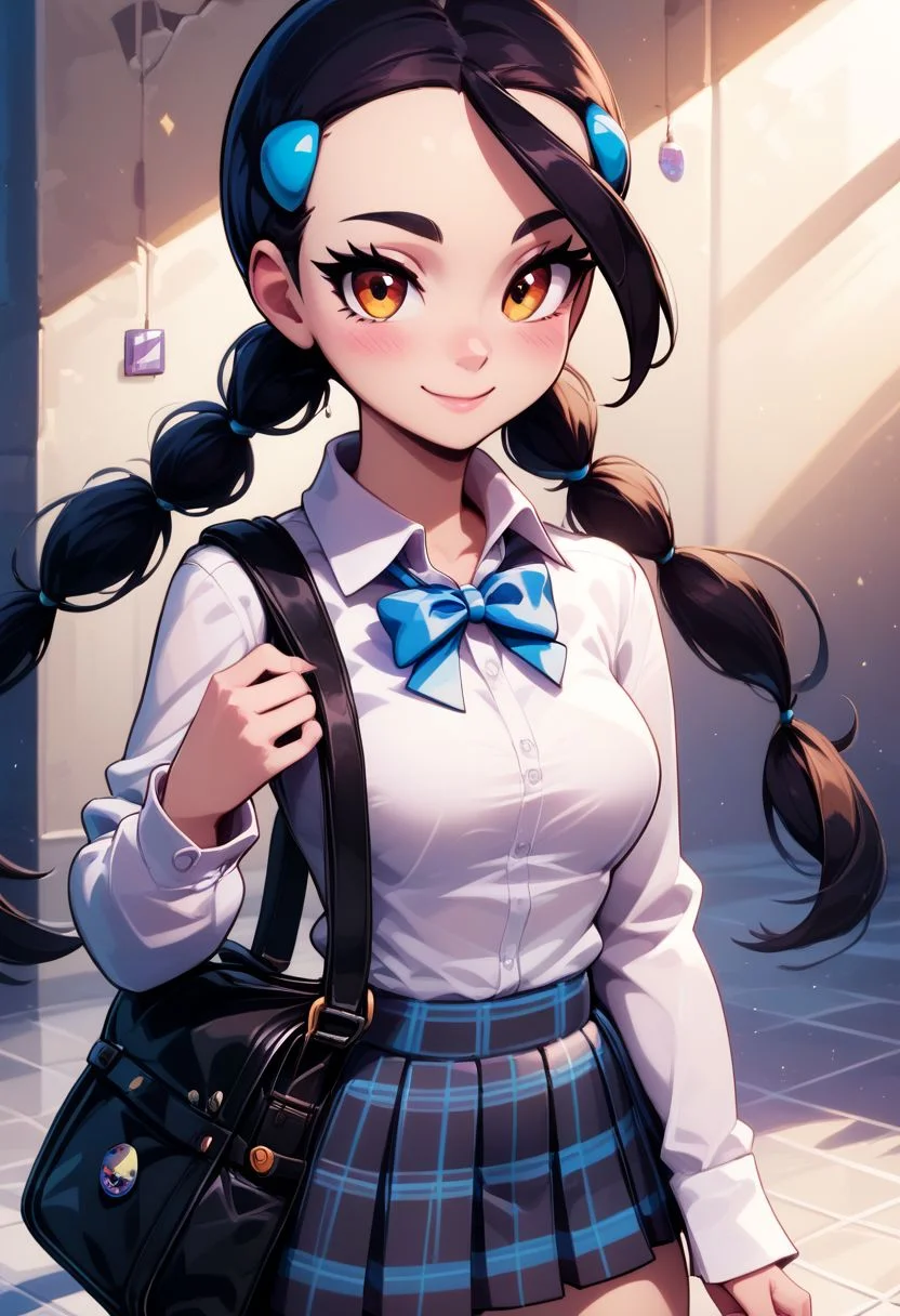 score_9, score_8_up, score_8, medium breasts, (curvy), cute, eyelashes,
BREAK,
zzCandice, hair ornament, twintails, hairclip,
BREAK,
closed mouth, alternate costume, smile, nail polish, looking at viewer, hand up, collared shirt, blush, sweater, black skirt, black nails, eyelashes, long sleeves, sleeves past wrists, plaid skirt, shoulder bag, black bag, blurry, tile floor, pleated skirt, white shirt,
zPDXL,