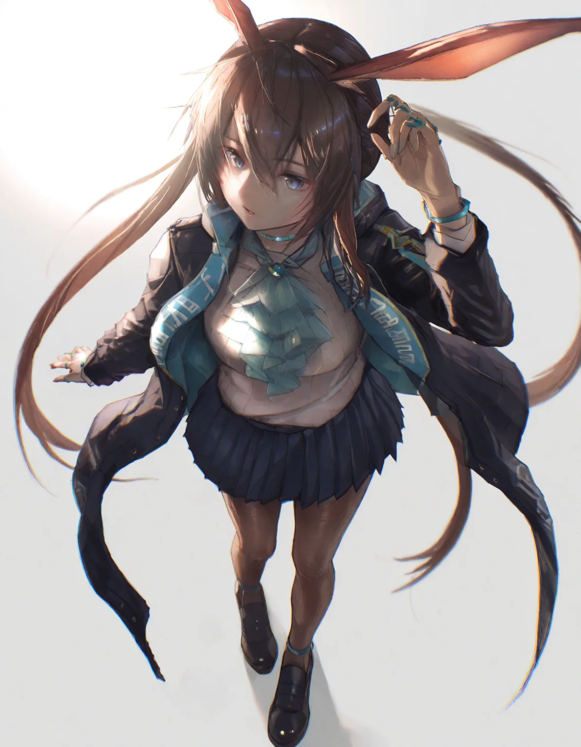 1girl, film grain, solo, perspective, long hair, bangs, blue eyes, skirt, simple background, brown hair, shirt, long sleeves, white background, animal ears, hair between eyes, jewelry, very long hair, standing, jacket, full body, white shirt, ponytail, pantyhose, sidelocks, pleated skirt, open clothes, shoes, black footwear, rabbit ears, arm up, open jacket, blue skirt, black jacket, ascot, from above, ring, clothes writing, brown pantyhose, rabbit girl, chromatic aberration, neck ring, multiple rings, blue ascot, amiya \(arknights\), <lora:neg101:1>