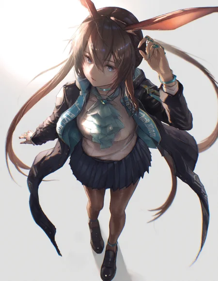 1girl, film grain, solo, perspective, long hair, bangs, blue eyes, skirt, simple background, brown hair, shirt, long sleeves, white background, animal ears, hair between eyes, jewelry, very long hair, standing, jacket, full body, white shirt, ponytail, pantyhose, sidelocks, pleated skirt, open clothes, shoes, black footwear, rabbit ears, arm up, open jacket, blue skirt, black jacket, ascot, from above, ring, clothes writing, brown pantyhose, rabbit girl, chromatic aberration, neck ring, multiple rings, blue ascot, amiya \(arknights\), <lora:neg101:1>