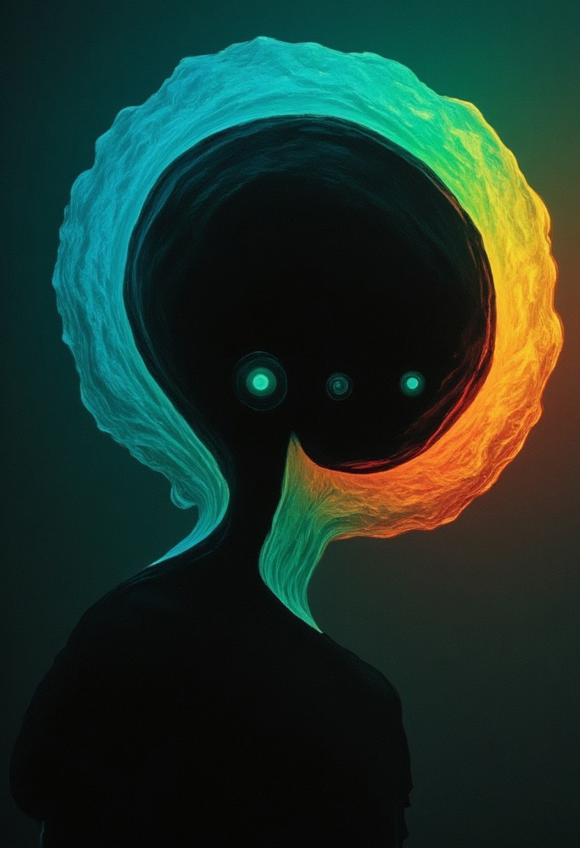 The head is particularly striking, featuring a large, translucent, glowing orb that emits a warm, pulsating light. This orb is a deep, vibrant turquoise color on the exterior, with a gradient that transitions to a translucent dark blue hue on the interior, creating a stark contrast. Billowing Hair, Aura, cyclops with the glowing orb occupying most of the head, leaving little to no discernible facial features.  The translucent head of the figure refracts the light into vivid neon spectral hues, casting an ethereal rainbow pattern onto the wall beside them. snapshot from an unreal, forgotten memory.