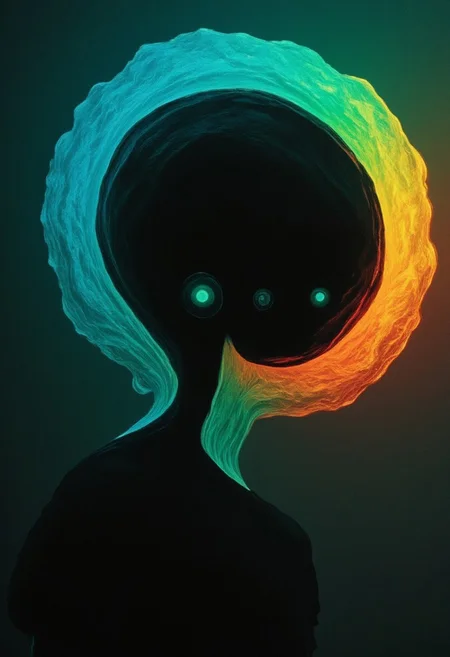 The head is particularly striking, featuring a large, translucent, glowing orb that emits a warm, pulsating light. This orb is a deep, vibrant turquoise color on the exterior, with a gradient that transitions to a translucent dark blue hue on the interior, creating a stark contrast. Billowing Hair, Aura, cyclops with the glowing orb occupying most of the head, leaving little to no discernible facial features. The translucent head of the figure refracts the light into vivid neon spectral hues, casting an ethereal rainbow pattern onto the wall beside them. snapshot from an unreal, forgotten memory.