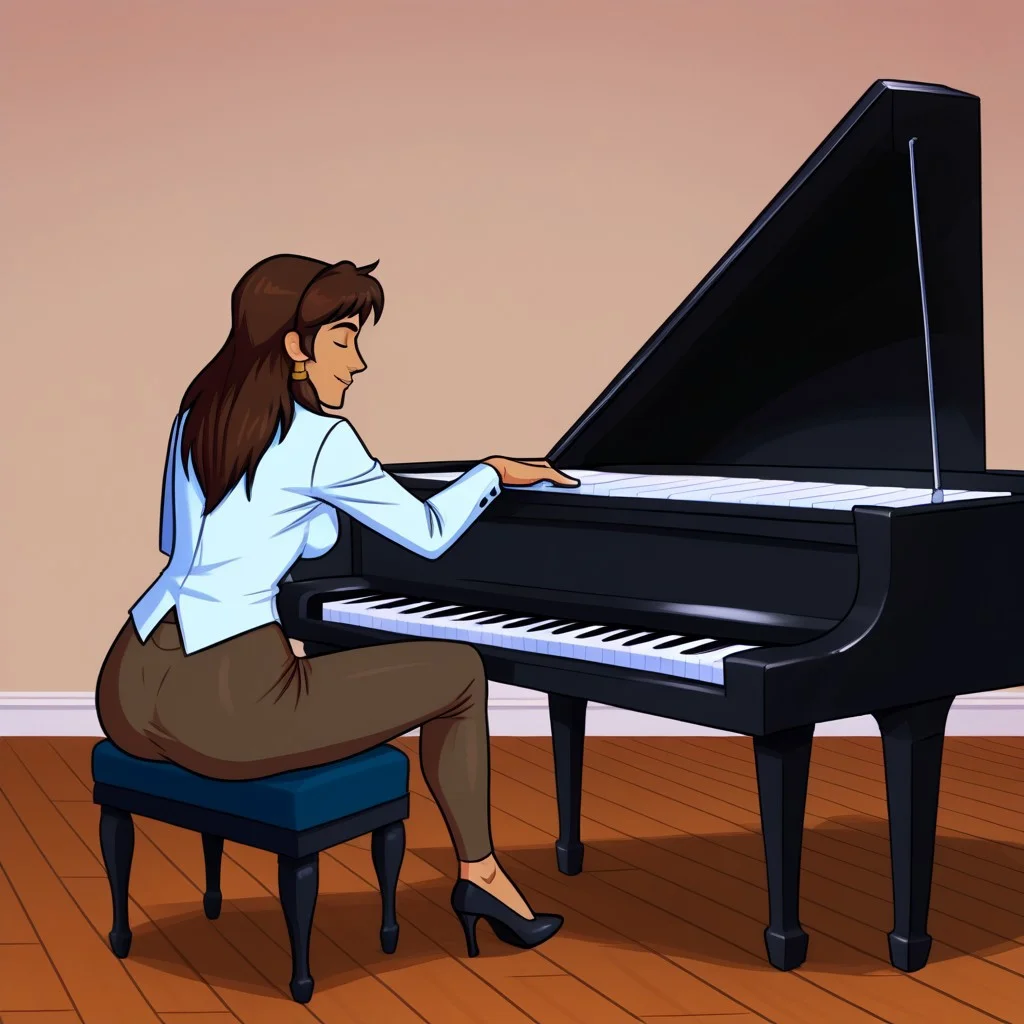Sadira sitting at her piano and playing her piano