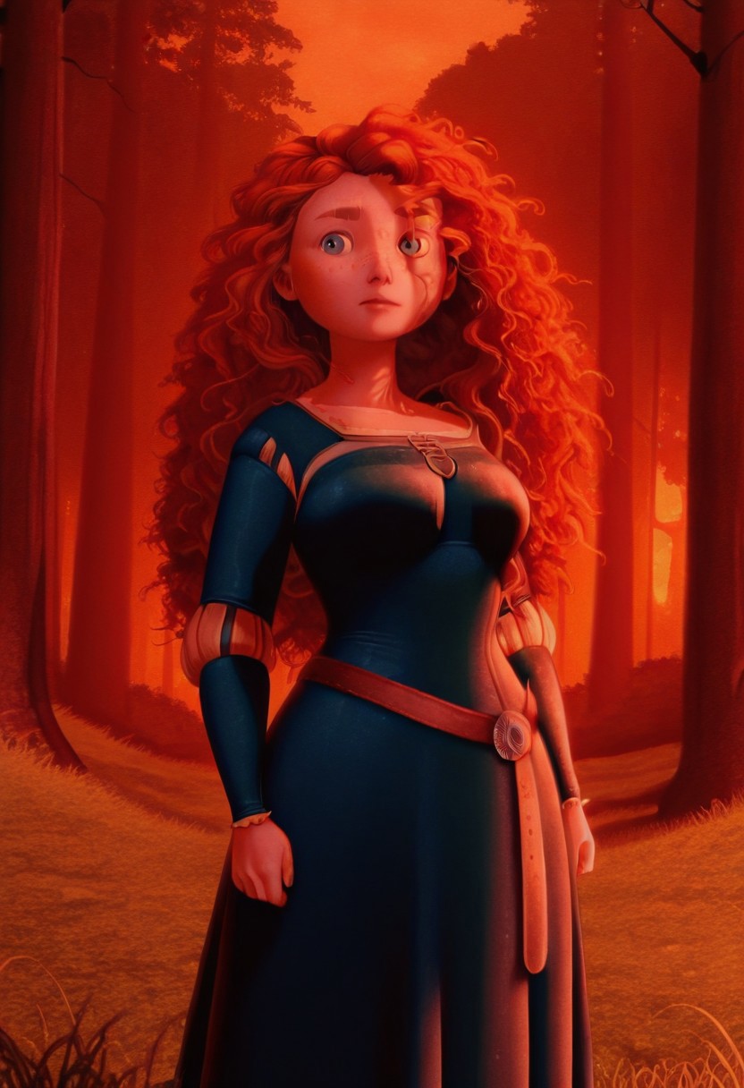 illustriouslogan, official style, screencap, solo, MeridaXL, red hair, blue eyes, curly hair, big hair, freckles, MainDress, green dress, long sleeves, belt, large breasts, standing, close up, outdoors, sunlight, shadows, evening lighting, natural lighting, forest, trees, grass, orange sky, sunset