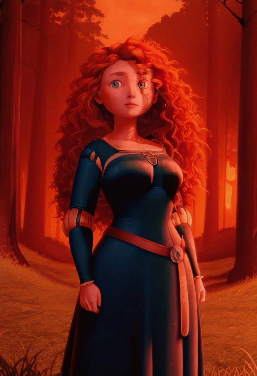 illustriouslogan, official style, screencap, solo, MeridaXL, red hair, blue eyes, curly hair, big hair, freckles, MainDress, green dress, long sleeves, belt, large breasts, standing, close up, outdoors, sunlight, shadows, evening lighting, natural lighting, forest, trees, grass, orange sky, sunset