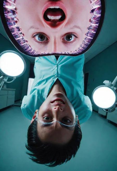 fpv, Fist Person View, Dentist looking down to Viewer, mask, crazy glitched head looking down to you, Bright surgery light,