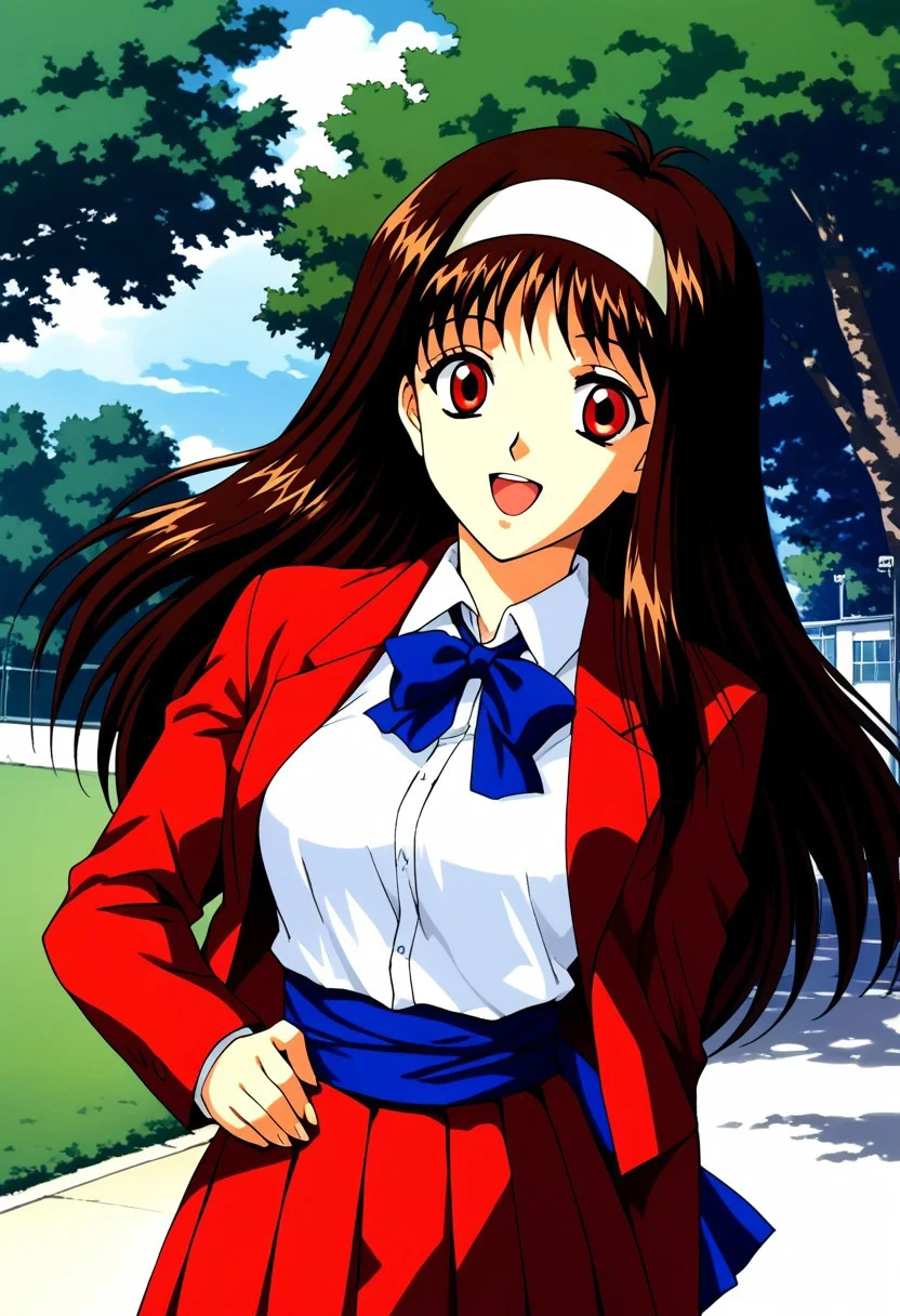 score_9, score_8_up, score_7_up, source_anime, Yuuki_Mizuho_OVA, 1990s \(style\), anime coloring, 1girl, solo, long hair, brown hair, white hairband, red eyes, breasts, school uniform, red skirt, red blazer, blue ribbon, open jacket, shirt, white shirt, sash, blue sash, looking at viewer, smile, open mouth, cowboy shot, outdoor, day, schoolyard, tree,
