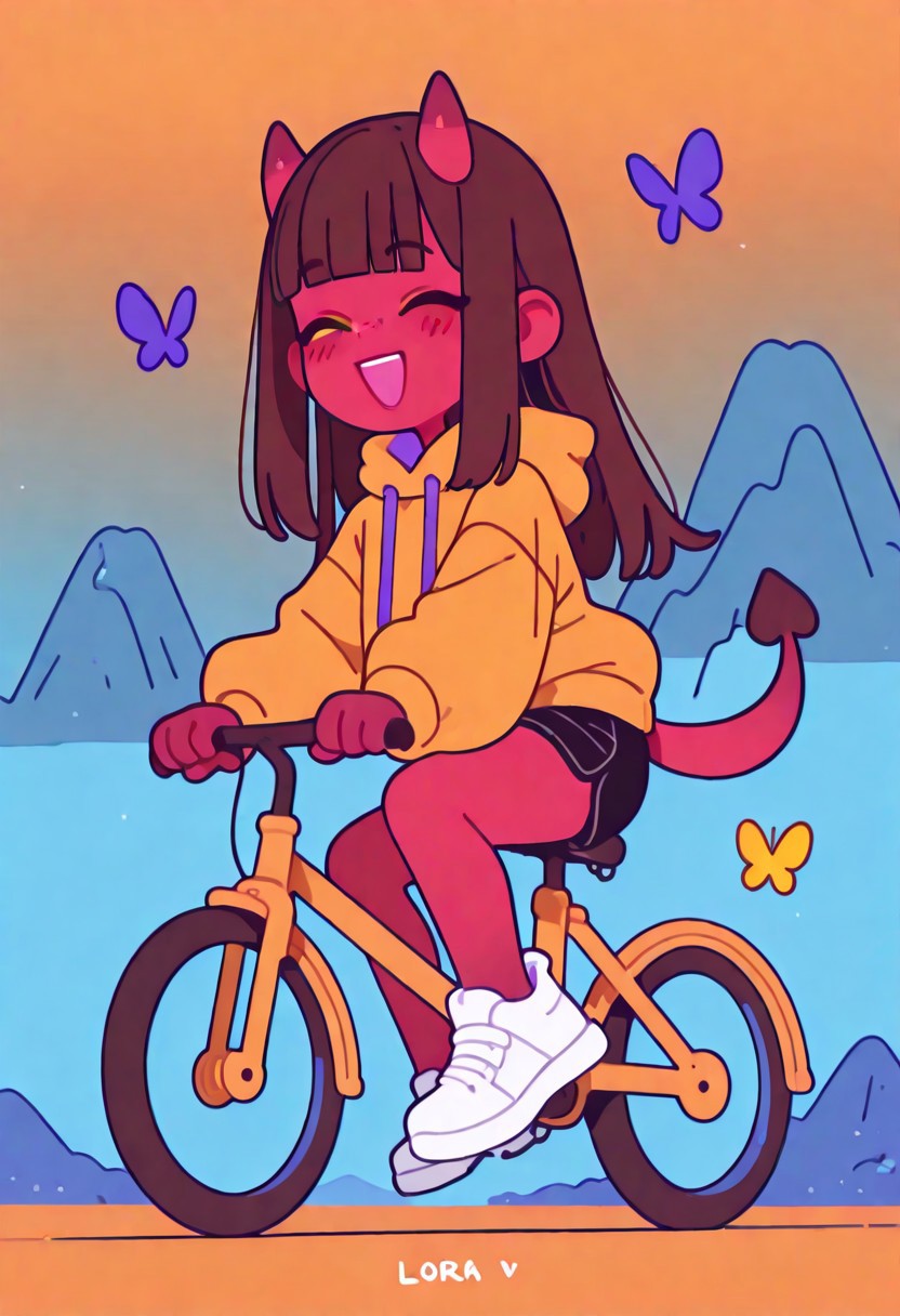 masterpiece, best quality, good quality, newest, highres, absurdres, rating_safe, SFW, 
meruILXL, 1girl, colored skin, red skin, horns, brown hair, long hair, blunt bangs, yellow eyes, tail, freckles, , blush, smile, open mouth,  maroon-colored hoodie, black shorts, full body, closed eyes, :d, shoes, white footwear, chibi, ^ ^, blue background, happy, facing viewer, butterfly, vehicle, riding, orange background, riding green bicycle, mountain background , Flatline, Flat vector illustration <lora:illustriousXL_stabilizer_v1.23:0.3> <lora:NOOB_vp1_detailer_by_volnovik_v1:0.3> <lora:ponyv6_noobE11_2_adamW-000017:0.3> <lora:XXX667:0.7> <lora:checkpoint-e18_s306:2>