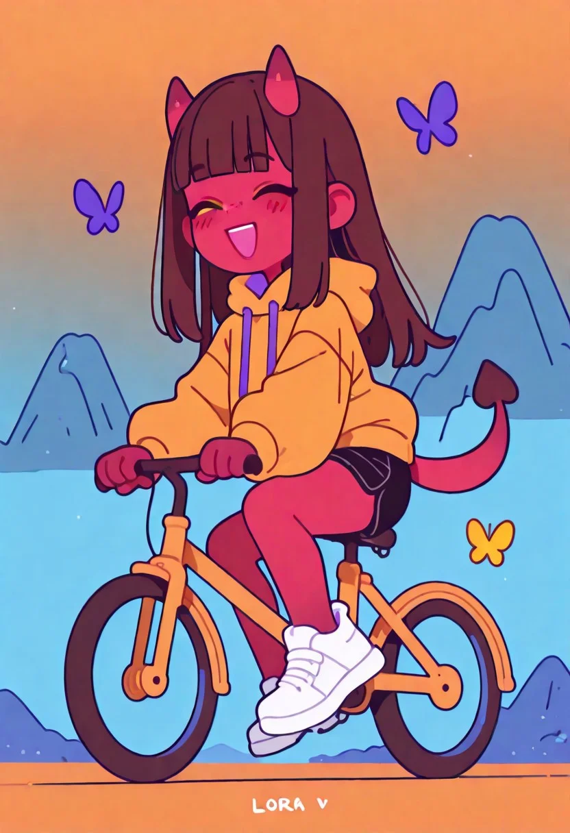 masterpiece, best quality, good quality, newest, highres, absurdres, rating_safe, SFW,
meruILXL, 1girl, colored skin, red skin, horns, brown hair, long hair, blunt bangs, yellow eyes, tail, freckles, , blush, smile, open mouth, maroon-colored hoodie, black shorts, full body, closed eyes, :d, shoes, white footwear, chibi, ^ ^, blue background, happy, facing viewer, butterfly, vehicle, riding, orange background, riding green bicycle, mountain background , Flatline, Flat vector illustration <lora:illustriousXL_stabilizer_v1.23:0.3> <lora:NOOB_vp1_detailer_by_volnovik_v1:0.3> <lora:ponyv6_noobE11_2_adamW-000017:0.3> <lora:XXX667:0.7> <lora:checkpoint-e18_s306:2>