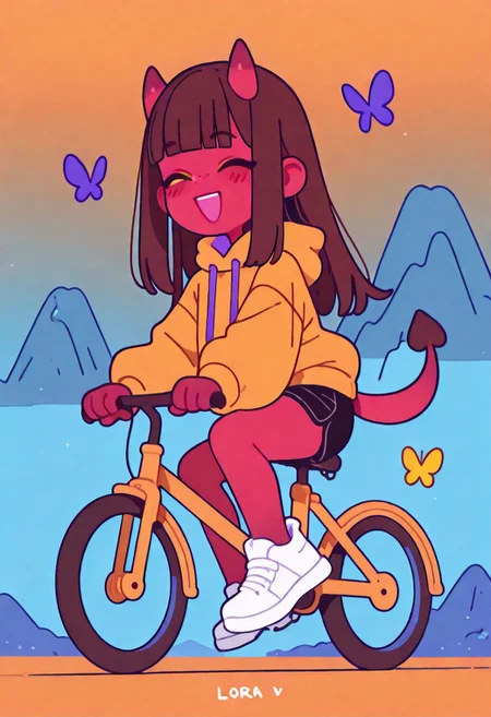 masterpiece, best quality, good quality, newest, highres, absurdres, rating_safe, SFW, 
meruILXL, 1girl, colored skin, red skin, horns, brown hair, long hair, blunt bangs, yellow eyes, tail, freckles, , blush, smile, open mouth,  maroon-colored hoodie, black shorts, full body, closed eyes, :d, shoes, white footwear, chibi, ^ ^, blue background, happy, facing viewer, butterfly, vehicle, riding, orange background, riding green bicycle, mountain background , Flatline, Flat vector illustration <lora:illustriousXL_stabilizer_v1.23:0.3> <lora:NOOB_vp1_detailer_by_volnovik_v1:0.3> <lora:ponyv6_noobE11_2_adamW-000017:0.3> <lora:XXX667:0.7> <lora:checkpoint-e18_s306:2>