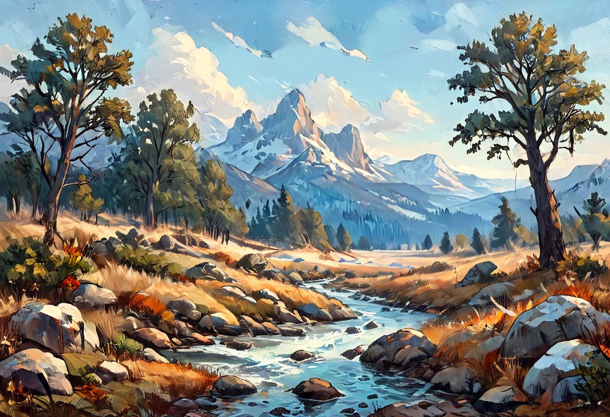 oil painting Illustration, {Beautiful prehistoric landscape, teaming with life, trees, grass, rocks, foliage, under an icy blue sky} . vibrant, beautiful, painterly, detailed, textural, artistic