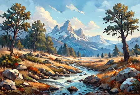 oil painting Illustration, {Beautiful prehistoric landscape, teaming with life, trees, grass, rocks, foliage, under an icy blue sky} . vibrant, beautiful, painterly, detailed, textural, artistic