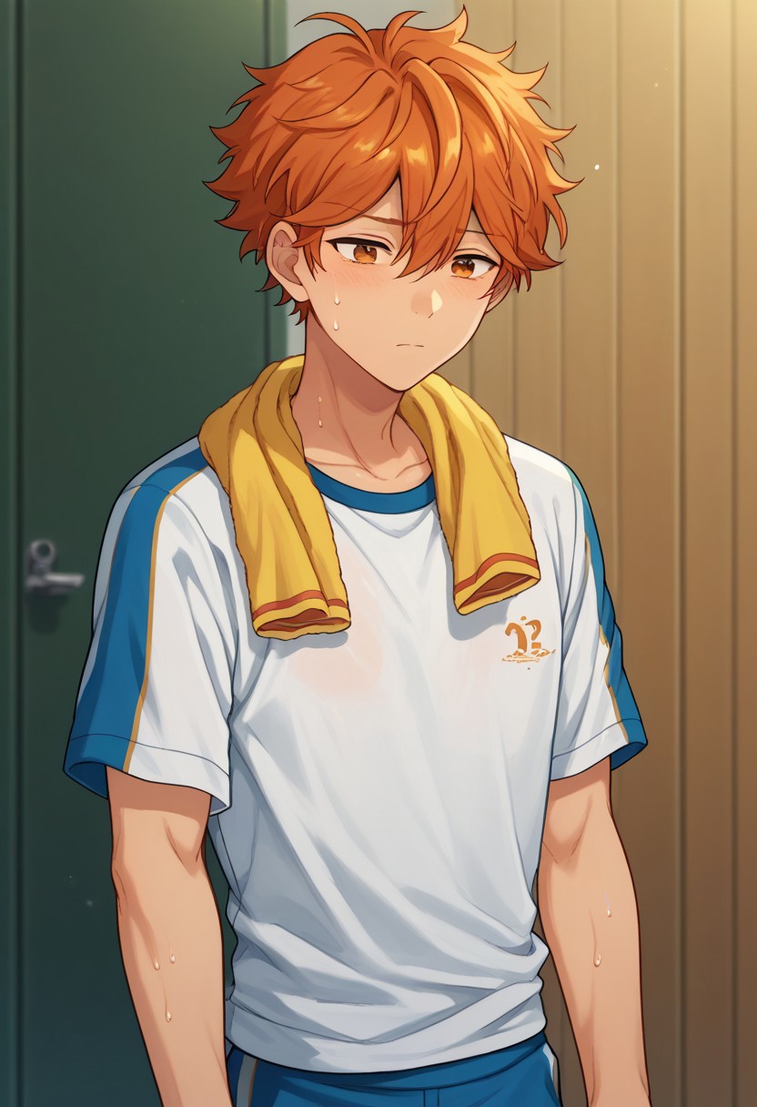 score_9, score_8_up, score_7_up, source_anime, highly detailed, 
subaruake, 1boy, male focus, solo, orange eyes, orange hair, towel around neck, sweat, tired, shirt, sportswear, gym uniform,
indoor,