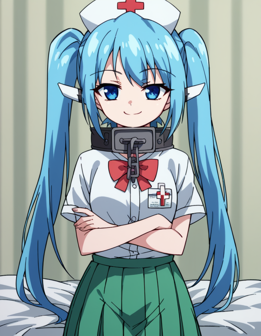 score_9, score_8_up, score_7_up, source_anime, <lora:otoshimono-nymph-s2-ponyxl-lora-nochekaiser:1>, nymph, long hair, blue eyes, twintails, blue hair, collar, chain,, skirt, school uniform, red bowtie, green skirt, short sleeves, white shirt, pleated skirt,, infirmary, bed, medical supplies, nurse, first aid, smile, crossed arms, smug, looking at viewer, solo,, dutch angle, cowboy shot