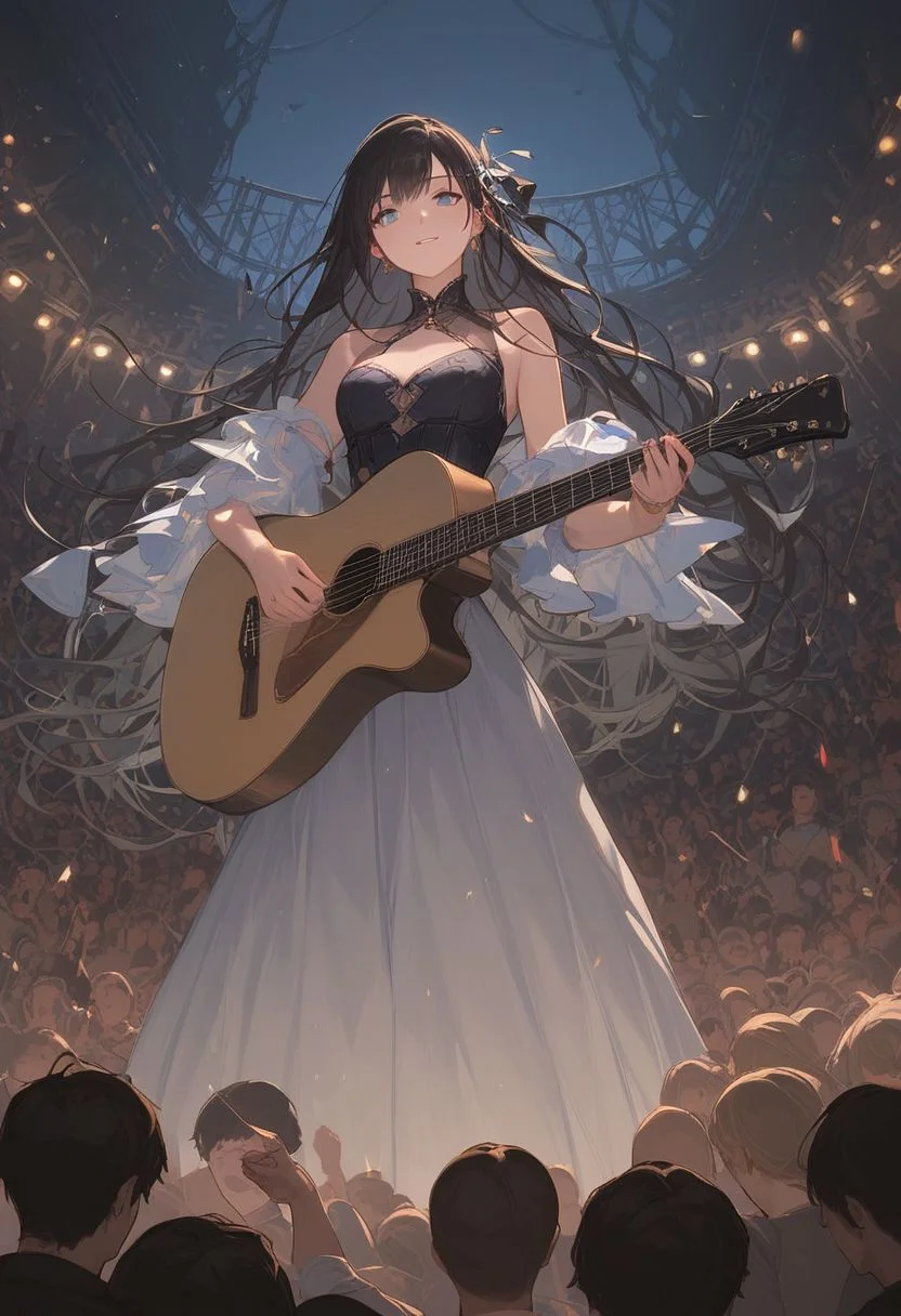 score_9, score_8_up, score_7_up, score_6_up, score_5_up, score_4_up, source_anime, Expressiveh, 1girl, standing, acoustic_guitar, playing_guitar, playing instrument, concert hall, stage, black hair, long hair, long dress, bright blue eyes, medium chest, anime, anime 2, crowd, audience
