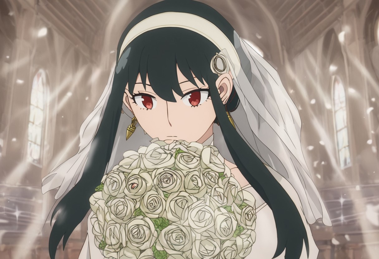 yor briar, black hair, red eyes, earrings, white hairband, hairband, long hair, sidelocks, wedding dress, bouquet, church, soft sunlight, best quality, high res
